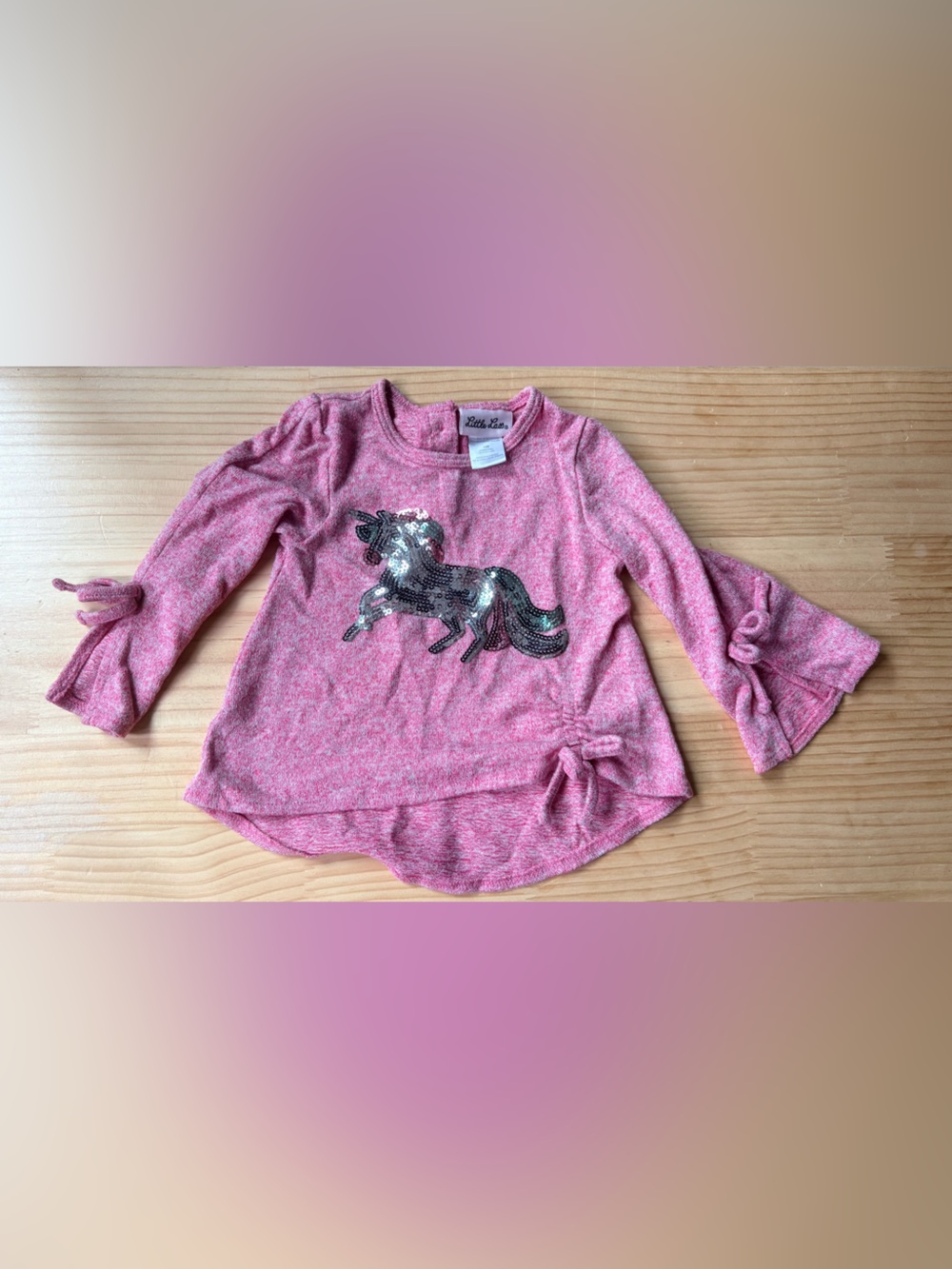 Little Lass Pink Sequin Unicorn Top with Tie Sleeves